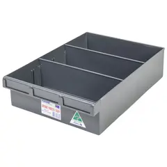 Red Plastic Tray Storage Tub Tech Bin (400 L x 300 W x 100 H) with Dividers - suits 300mm Shelf, Length: 400mm, Width: 300mm, Height: 100mm, Colour: Red