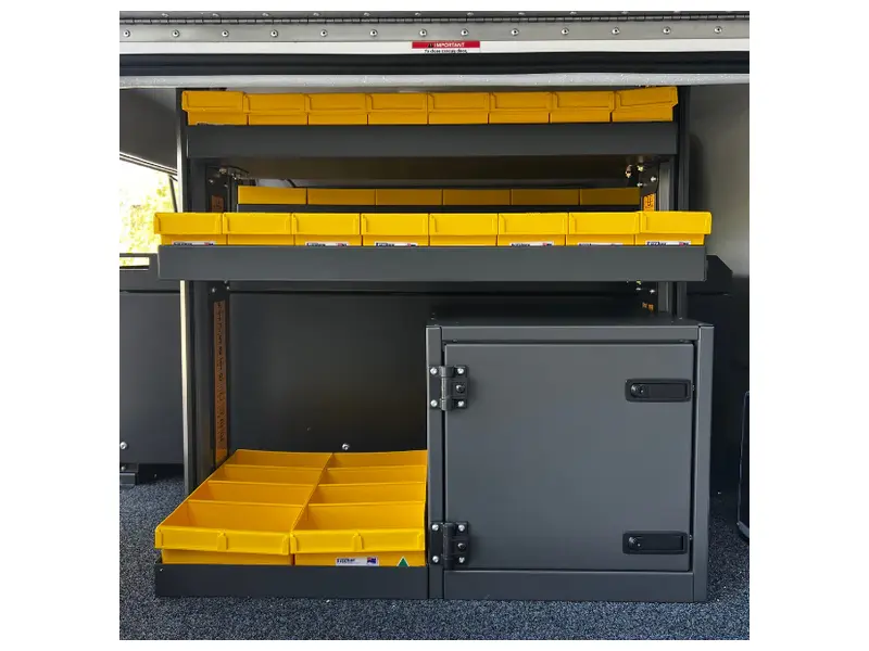 Grey Plastic Tray Storage Tub Tech Bin (300 L x 200 W x 100 H) with Dividers - suits 300mm Shelf, Length: 300mm, Width: 200mm, Height: 100mm, Colour: Grey