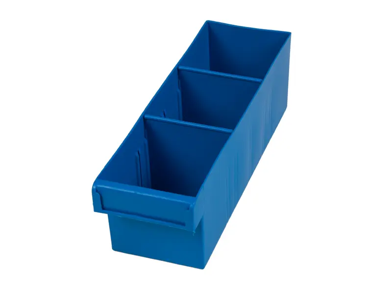 Blue Plastic Tray Storage Tub Tech Bin (300 L x 100 W x 100 H) with Dividers - suits 300mm Shelf, Length: 300mm, Width: 100mm, Height: 100mm, Colour: Blue