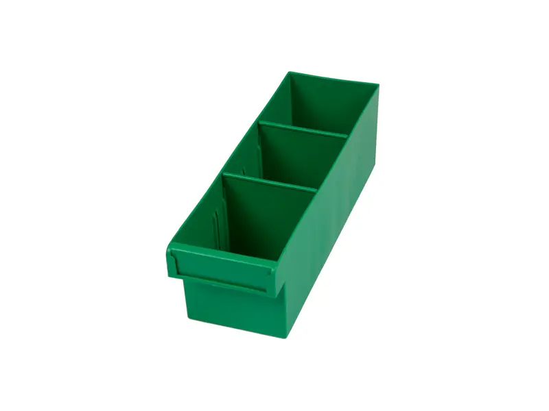 Green Plastic Tray Storage Tub Tech Bin (300 L x 100 W x 100 H) with Dividers - suits 300mm Shelf, Length: 300mm, Width: 100mm, Height: 100mm, Colour: Green