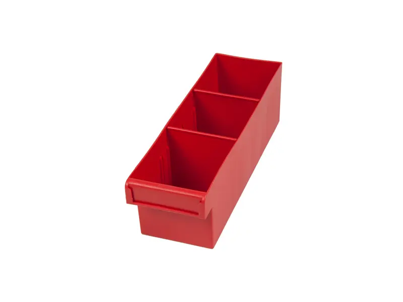 Red Plastic Tray Storage Tub Tech Bin (300 L x 100 W x 100 H) with Dividers - suits 300mm Shelf, Length: 300mm, Width: 100mm, Height: 100mm, Colour: Red