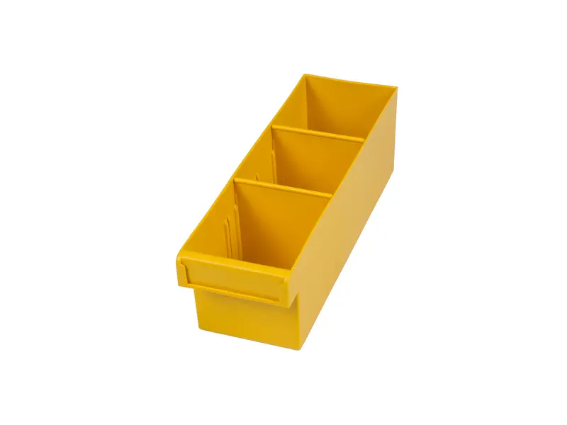 Yellow Plastic Tray Storage Tub Tech Bin (300 L x 100 W x 100 H) with Dividers - suits 300mm Shelf, Length: 300mm, Width: 100mm, Height: 100mm, Colour: Yellow