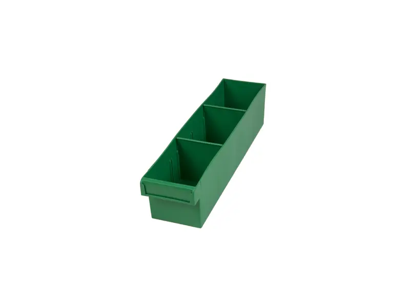 Green Plastic Tray Storage Tub Tech Bin (400 L x 100 W x 100 H) with Dividers - suits 400mm Shelf, Length: 400mm, Width: 100mm, Height: 100mm, Colour: Green