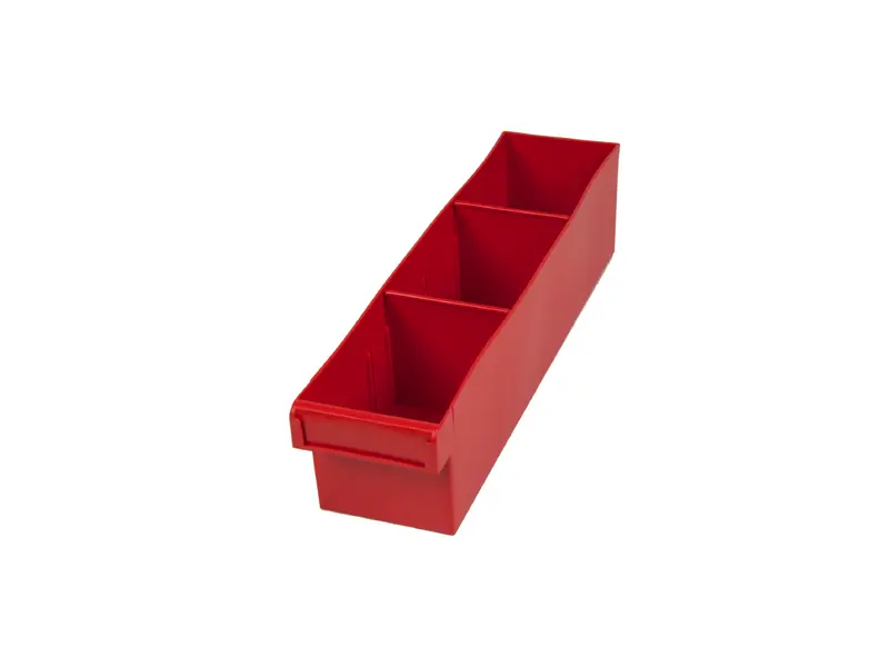 Red Plastic Tray Storage Tub Tech Bin (400 L x 100 W x 100 H) with Dividers - suits 400mm Shelf, Length: 400mm, Width: 100mm, Height: 100mm, Colour: Red