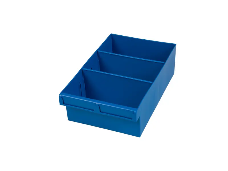 Blue Plastic Tray Storage Tub Tech Bin (300 L x 200 W x 100 H) with Dividers - suits 300mm Shelf, Length: 300mm, Width: 200mm, Height: 100mm, Colour: Blue