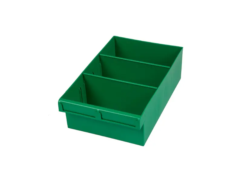 Green Plastic Tray Storage Tub Tech Bin (300 L x 200 W x 100 H) with Dividers - suits 300mm Shelf, Length: 300mm, Width: 200mm, Height: 100mm, Colour: Green