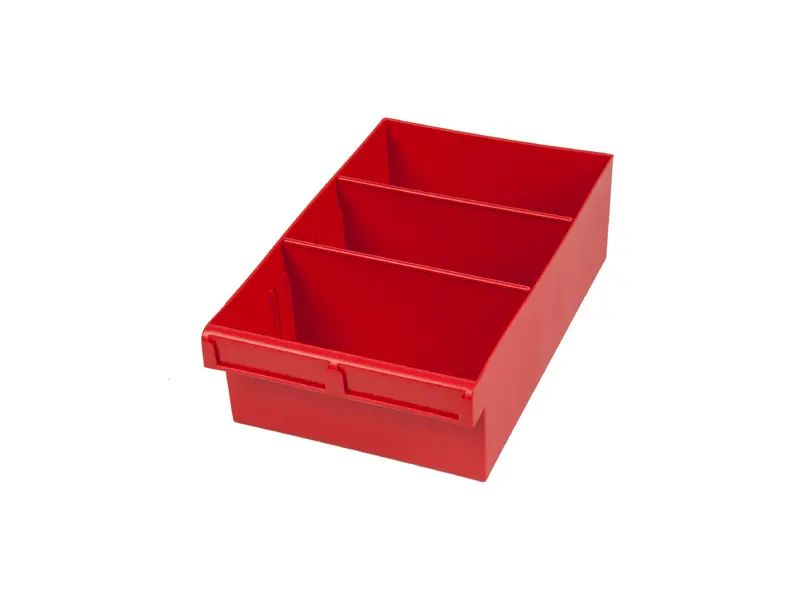 Red Plastic Tray Storage Tub Tech Bin (300 L x 200 W x 100 H) with Dividers - suits 300mm Shelf, Length: 300mm, Width: 200mm, Height: 100mm, Colour: Red