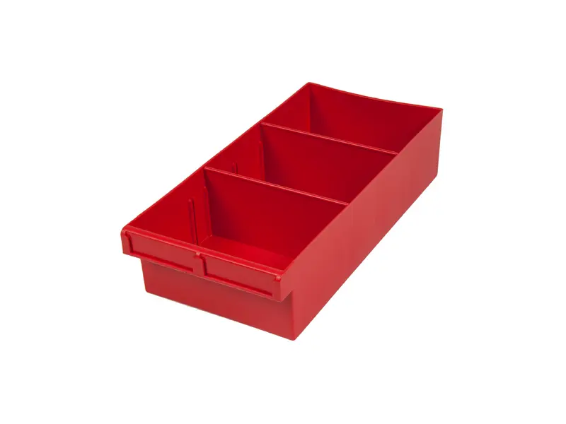 Red Plastic Tray Storage Tub Tech Bin (400 L x 200 W x 100 H) with Dividers - suits 400mm Shelf, Length: 400mm, Width: 200mm, Height: 100mm, Colour: Red