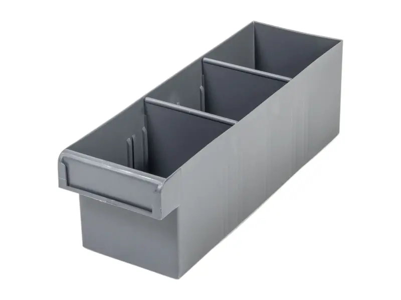 Grey Plastic Tray Storage Tub Tech Bin (300 L x 100 W x 100 H) with Dividers - suits 300mm Shelf, Length: 300mm, Width: 100mm, Height: 100mm, Colour: Grey