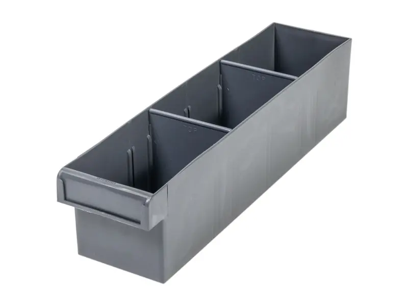 Grey Plastic Tray Storage Tub Tech Bin (400 L x 100 W x 100 H) with Dividers - suits 400mm Shelf, Length: 400mm, Width: 100mm, Height: 100mm, Colour: Grey