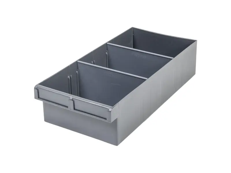 Grey Plastic Tray Storage Tub Tech Bin (400 L x 200 W x 100 H) with Dividers - suits 400mm Shelf, Length: 400mm, Width: 200mm, Height: 100mm, Colour: Grey