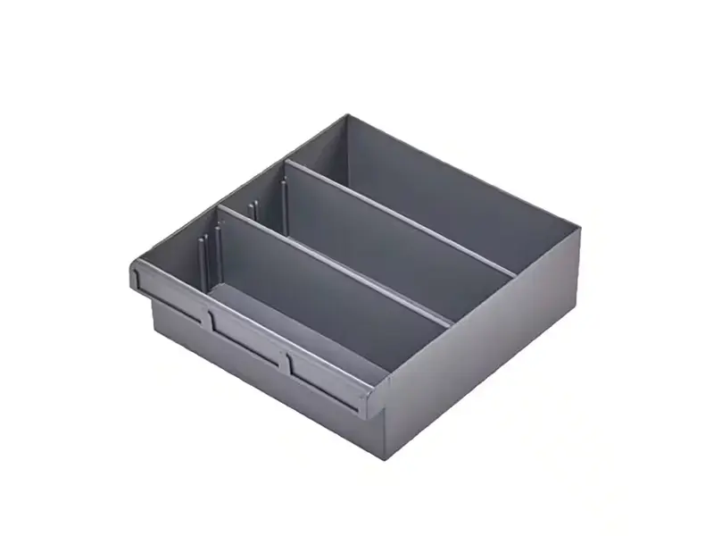 Grey Plastic Tray Storage Tub Tech Bin (300 L x 300 W x 100 H) with Dividers - suits 300mm Shelf, Length: 300mm, Width: 300mm, Height: 100mm, Colour: Grey