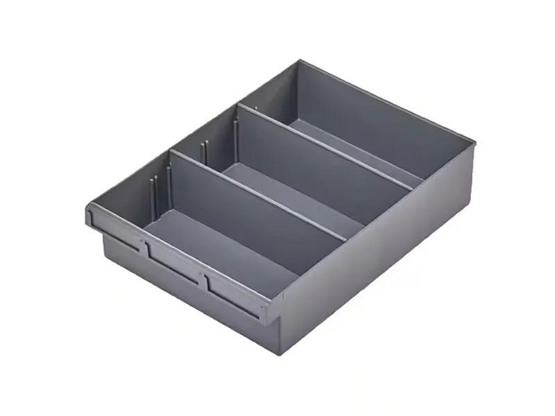 Grey Plastic Tray Storage Tub Tech Bin (400 L x 300 W x 100 H) with Dividers - suits 400mm Shelf, Length: 400mm, Width: 300mm, Height: 100mm, Colour: Grey